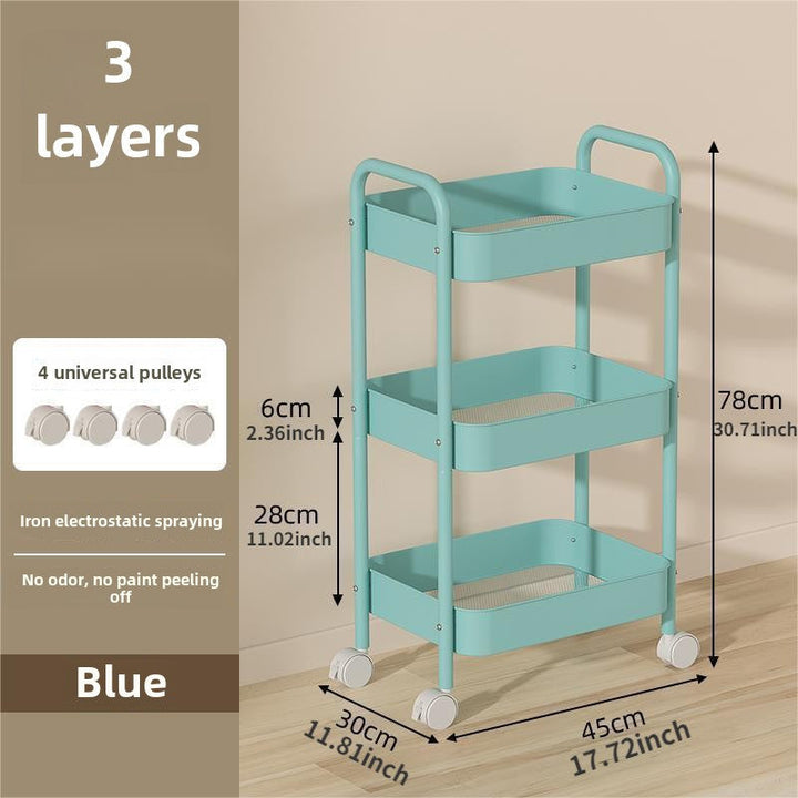 Carrito de almacenamiento de metal de 3 niveles, carrito de cocina rosa con ruedas, estante multifuncional para refrigerios para dormitorio y sala de estar, no requiere energía.