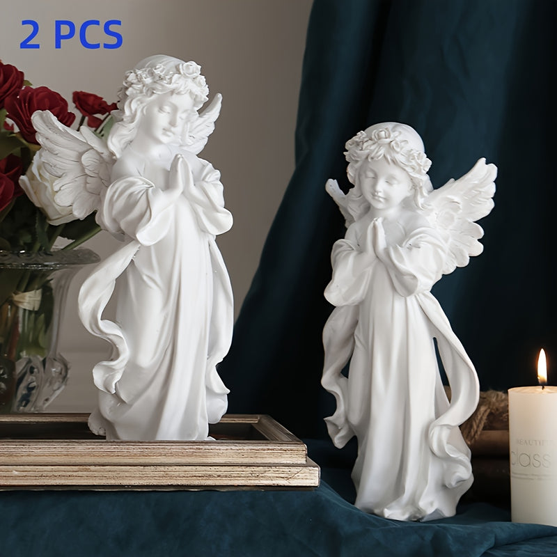 2 estatuas de ángel de resina, estilo retro con acabado blanco, decoración versátil para interiores y exteriores, ideal para decoración del hogar y Pascua, no requiere electricidad, acentos serenos para jardín y habitación, diseño elegante