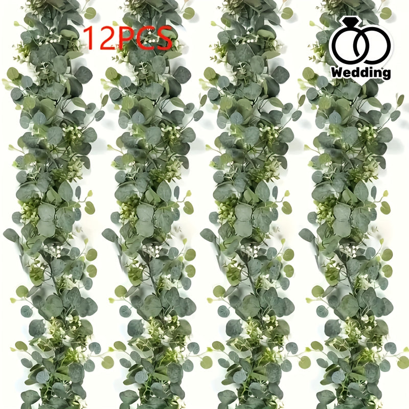 12 piezas de 182.88 cm Guirnalda Artificial de Eucalipto y Sauce con Flores Blancas - Hojas Verdes Elegantes, Ideal para Bodas, Compromisos, Decoración del Hogar y Eventos, Estilo Clásico Todo el Año, Temática Nupcial, Material Plástico, Enredaderas Natu