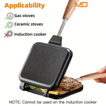MOREDOR 1 pieza Sartén de Doble Cara con Relieve de Alce Antiadherente y Mango de Madera Extraíble, Fabricante de Sándwiches de Aluminio para Desayuno, Sándwiches, Cocina Casera - Fácil Limpieza y Distribución Uniforme del Calor