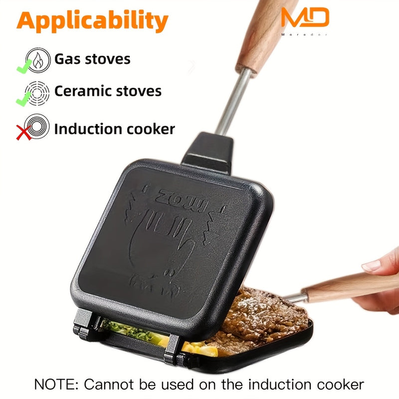 MOREDOR 1 pieza Sartén de Doble Cara con Relieve de Alce Antiadherente y Mango de Madera Extraíble, Fabricante de Sándwiches de Aluminio para Desayuno, Sándwiches, Cocina Casera - Fácil Limpieza y Distribución Uniforme del Calor
