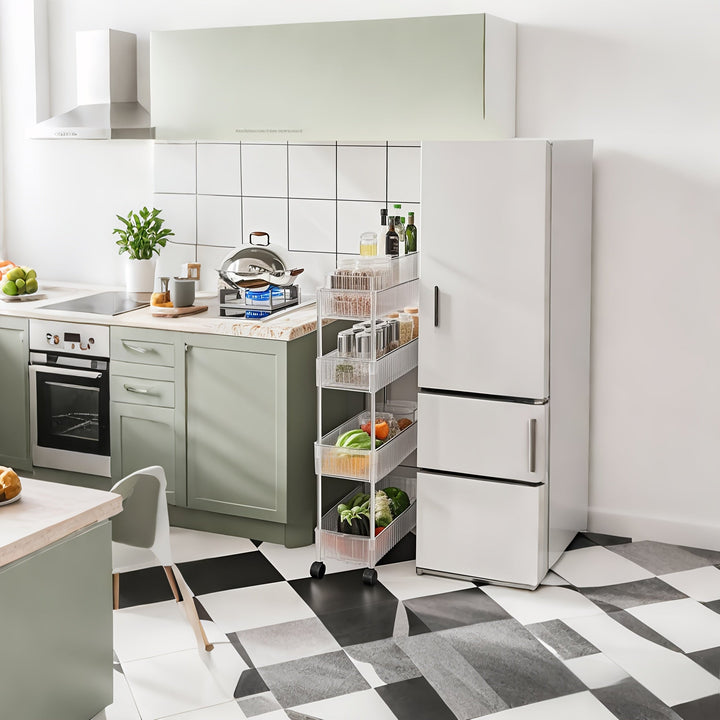 Carrito organizador angosto y delgado con ruedas - Estante de almacenamiento móvil ajustable para espacios pequeños, cocina, baño y tocador, estante ahorrador de espacio con ruedas, organizador duradero para baño (uso en mesada o piso)