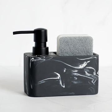Dispensador de jabón con diseño de mármol en blanco y negro y portaesponja, ideal para decorar el baño