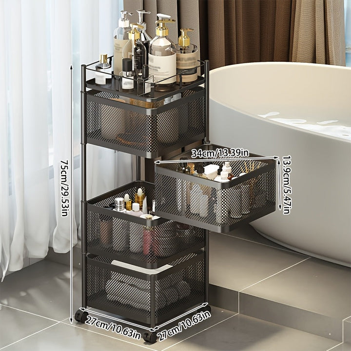 Estante metálico de 4 niveles con canastas giratorias, organizador portátil y ahorrador de espacio para cocina, baño o sala, negro, multifuncional con ruedas, estante para sala | Estante metálico moderno | Estante de malla metálica, estante de pie