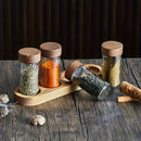 Juego de 4 frascos de vidrio de 90 ml (3 oz) con tapa de madera de acacia y bandeja organizadora para especias de cocina