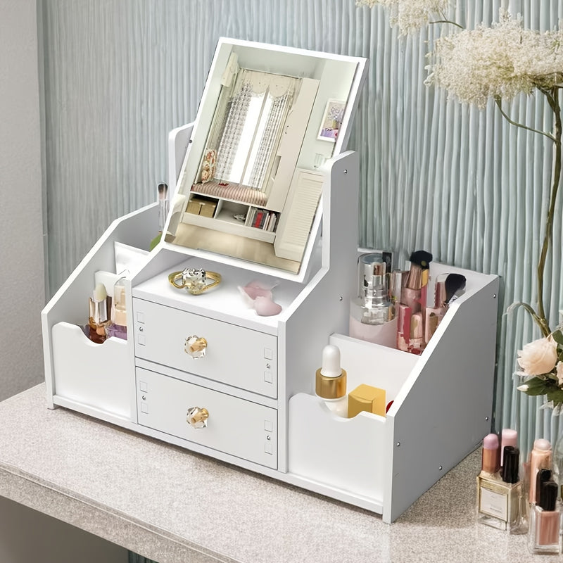 Organizador de Maquillaje de Mostrador con Espejo y Cajón, Caja de Almacenamiento de Cosméticos Impermeable al Polvo para Productos de Cuidado de la Piel, Soporte para iPhone, Sin Necesidad de Electricidad, Caddy de Maquillaje Ligero con Diseño Floral