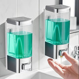 2 dispensadores de jabón sin taladro para montar en pared, con grifo automático sin contacto, dispensador de champú y gel de baño de plástico, fácil instalación para cocina y baño, diseño transparente, plástico duradero