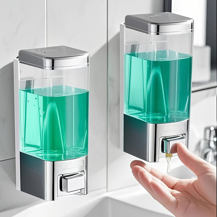 2 dispensadores de jabón sin taladro para montar en pared, con grifo automático sin contacto, dispensador de champú y gel de baño de plástico, fácil instalación para cocina y baño, diseño transparente, plástico duradero
