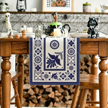 1 pieza, Camino de Mesa Muertos Mexicano, Protectores Térmicos para Mesas, Decoración de Cocina y Comedor con Diseño Azul Patchwork para Hogar o Fiestas, 13 x 36, 13 x 48, 13 x 72, 13 x 90, 13 x 108