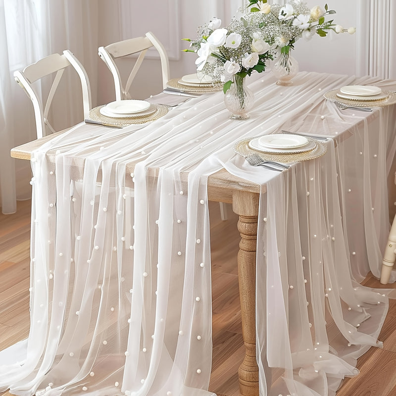 Corredor de tul de perla blanca, tul de satén de tul y encaje de perla transparente para arcos de boda, duchas de novia y decoraciones de mesa de postres, adecuado para cubrir mesas.