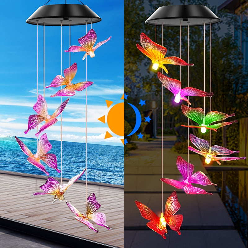 Campana de Viento con Luz de Mariposa a Energía Solar - Morado y Amarillo, No Necesita Cableado, Perfecta para Jardín, Patio y Decoración de Balcón, LED, Luz Nocturna