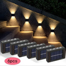 6 piezas de 8 luces solares para paredes exteriores, luces decorativas para patio, villa y jardín, luces de valla y sendero, luces de porche de jardín, luces pequeñas para paredes, luces convexas con luz ascendente y descendente, adecuadas para jardines,