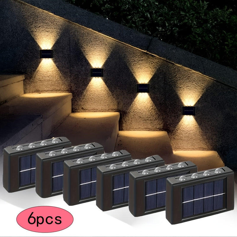 6 piezas de 8 luces solares para paredes exteriores, luces decorativas para patio, villa y jardín, luces de valla y sendero, luces de porche de jardín, luces pequeñas para paredes, luces convexas con luz ascendente y descendente, adecuadas para jardines,