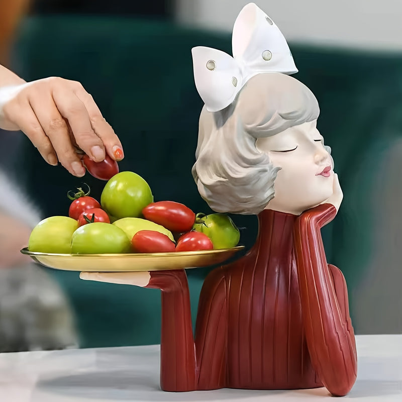 Figura Artística de Chica Abstracta con Bandeja de Almacenamiento - Decoración para el Hogar en Resina Pintada a Mano, No Necesita Baterías, Ideal para Navidad, Perfecta para Acción de Gracias, Sin Contacto con Alimentos