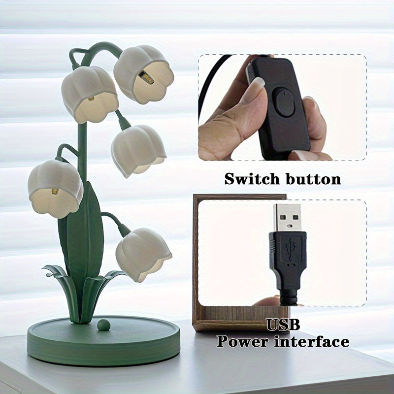 [Lámpara de Mesa de Flor Suzuran con Alimentación USB] Diseño de Flores Artificiales, Acabado Metálico Mate, Iluminación Decorativa Artística, Control con Botón de Encendido, Incluye Interfaz de Alimentación