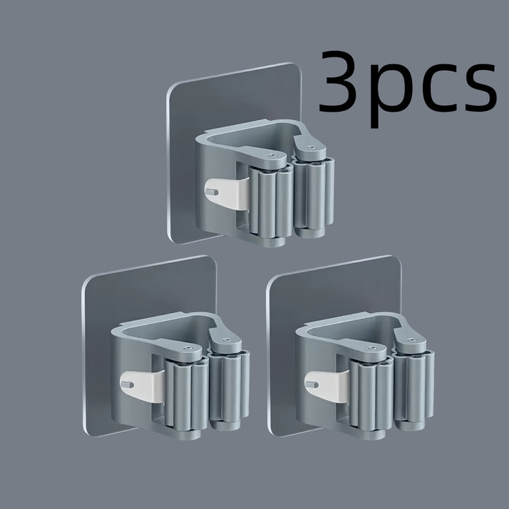 1/2/3pcs Soporte para trapeador y escoba montado en la pared, organizador de plástico de estilo contemporáneo, solución de almacenamiento fuerte adhesivo sin taladro para baño y cocina, ganchos de utilidad