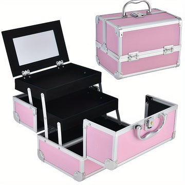 Maletín profesional para maquillaje de viaje - Organizador de cosméticos portátil de 6.7x6.7x9 pulgadas con espejo, porta brochas y llave de seguridad - Ideal para guardar joyas y artículos de baño