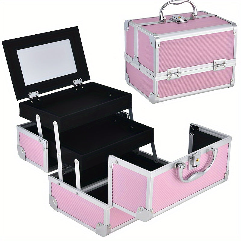 Maletín profesional para maquillaje de viaje - Organizador de cosméticos portátil de 6.7x6.7x9 pulgadas con espejo, porta brochas y llave de seguridad - Ideal para guardar joyas y artículos de baño