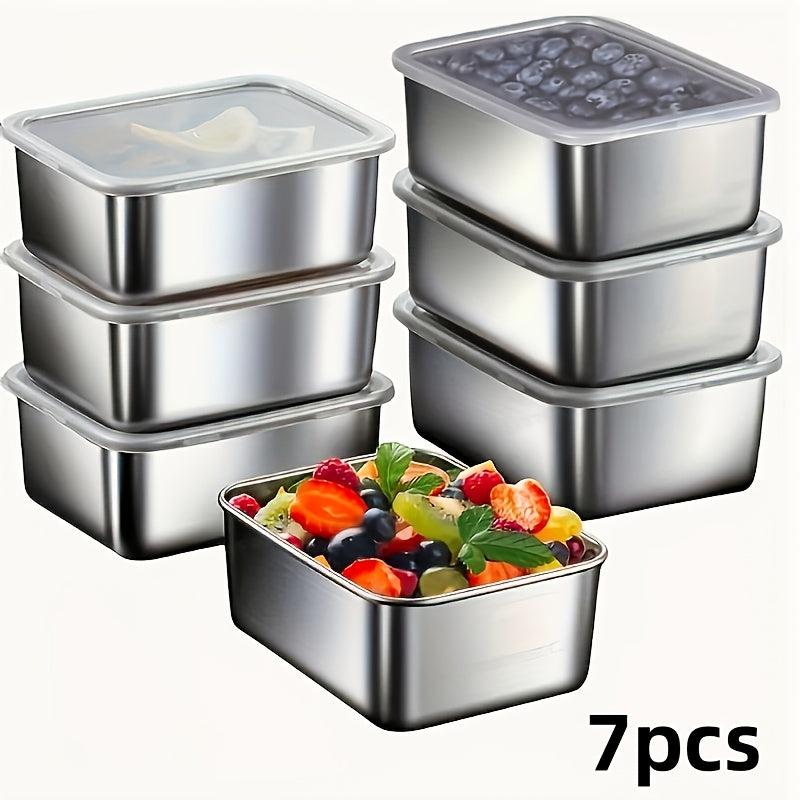 7 piezas de recipientes de acero inoxidable para almacenar alimentos con tapas abatibles, herméticos y apilables, ideales para camping, reuniones familiares, oficina y escuela