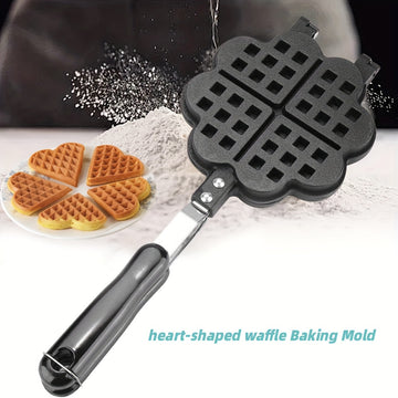 1 pieza, sartén de waffles de corazón de doble cara antiadherente, molde de waffles de aleación de aluminio con mango negro, perfecto para waffles belgas y sandwiches, accesorio de cocina para hornear, molde de waffles