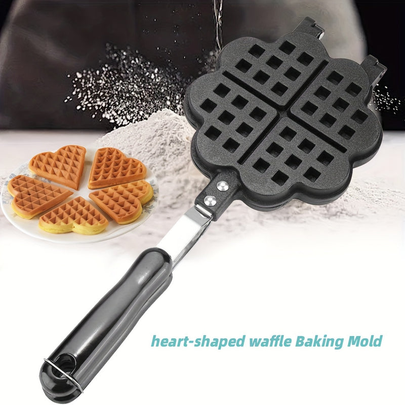 1 pieza, sartén de waffles de corazón de doble cara antiadherente, molde de waffles de aleación de aluminio con mango negro, perfecto para waffles belgas y sandwiches, accesorio de cocina para hornear, molde de waffles