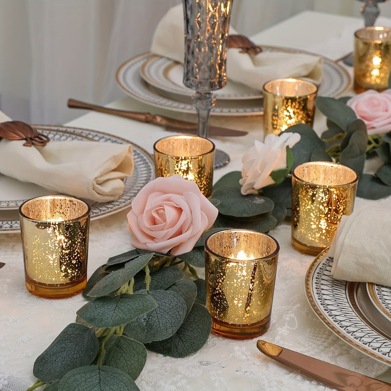 Set of 12 Golden Glass Tealight Candle Holders, Elegant Table Decoration for Party, Wedding, and Holiday Celebrations - Durable Glass Material for Lasting Use