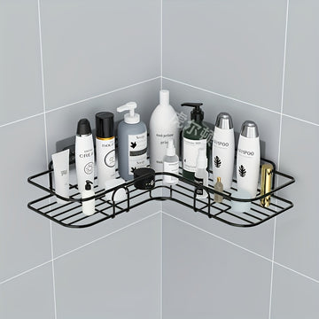Organizador de baño de acero inoxidable negro resistente al óxido, con 2 repisas para champú, tónico y cosméticos, montaje en pared sin necesidad de taladrar