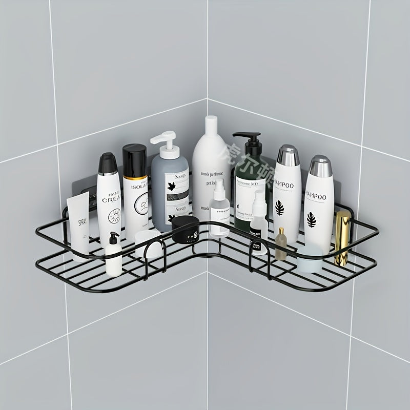 Organizador de baño de acero inoxidable negro resistente al óxido, con 2 repisas para champú, tónico y cosméticos, montaje en pared sin necesidad de taladrar