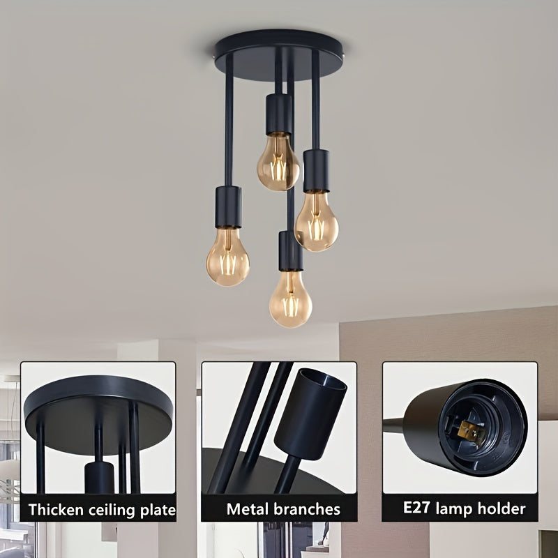 Lámpara de techo estilo industrial negra con 4 portalámparas E27, ideal para dormitorios, cocinas y pasillos, diámetro de 15 cm / 5.9 pulgadas. Verificar tamaño antes de comprar (focos no incluidos)