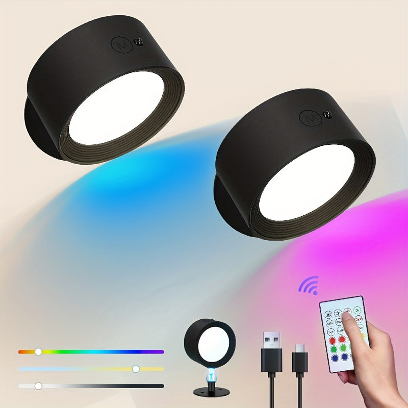 GVTCO 2pcs/1pc Luz LED de Pared, Lámpara Mural RGBW Inalámbrica con Rotación 360°, Sin Necesidad de Taladrar, Batería 120mAh, Control Remoto - Regulable para Iluminación Nocturna en Mesitas de Noche, Lectura y Decoración de Dormitorio