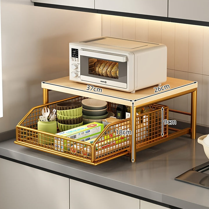 Soporte de microondas moderno para cocina con 2 cajones - Construcción duradera de madera y metal, organizador de encimera que ahorra espacio para electrodomésticos, platos y utensilios, diseño elegante para uso doméstico, organizador de encimera | Diseñ