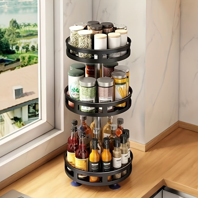 Estante de especias giratorio de 3 capas - Organizador de cocina de metal para especias, hierbas y condimentos, diseño que ahorra espacio con estantes de almacenamiento escalonados, ideal para cocinas, baños y salas de estar, solución de almacenamiento d
