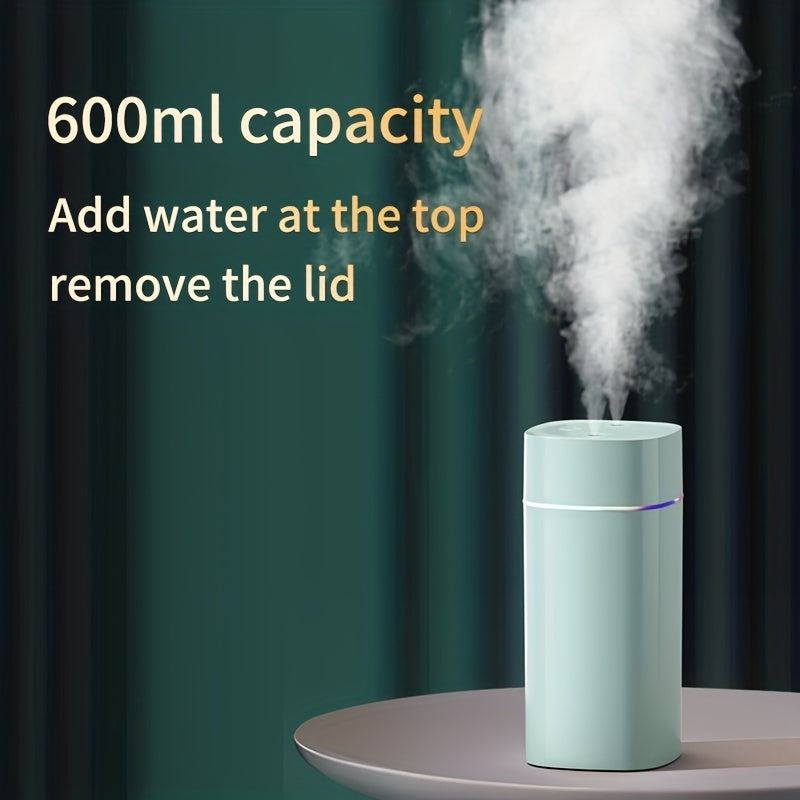 Humidificador ultrasónico USB de 600ml, doble niebla, funcionamiento silencioso, plástico, para hogar, oficina, dormitorio, compatible con aceites esenciales para aromaterapia, ≤36V