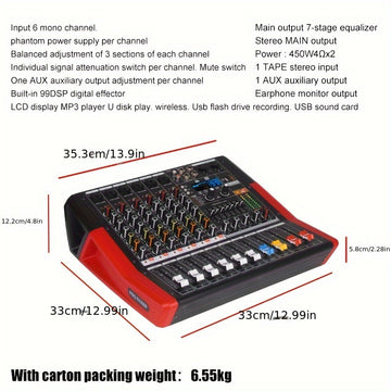 Amplificador Estéreo de Alta Potencia NXG TF-600D 450W con USB/Inalámbrico, Fuente de Alimentación Fantasma de 48V - Ideal para Subwoofers y Altavoces, Rojo con Acentos Negros, Amplificador de Potencia Incorporado