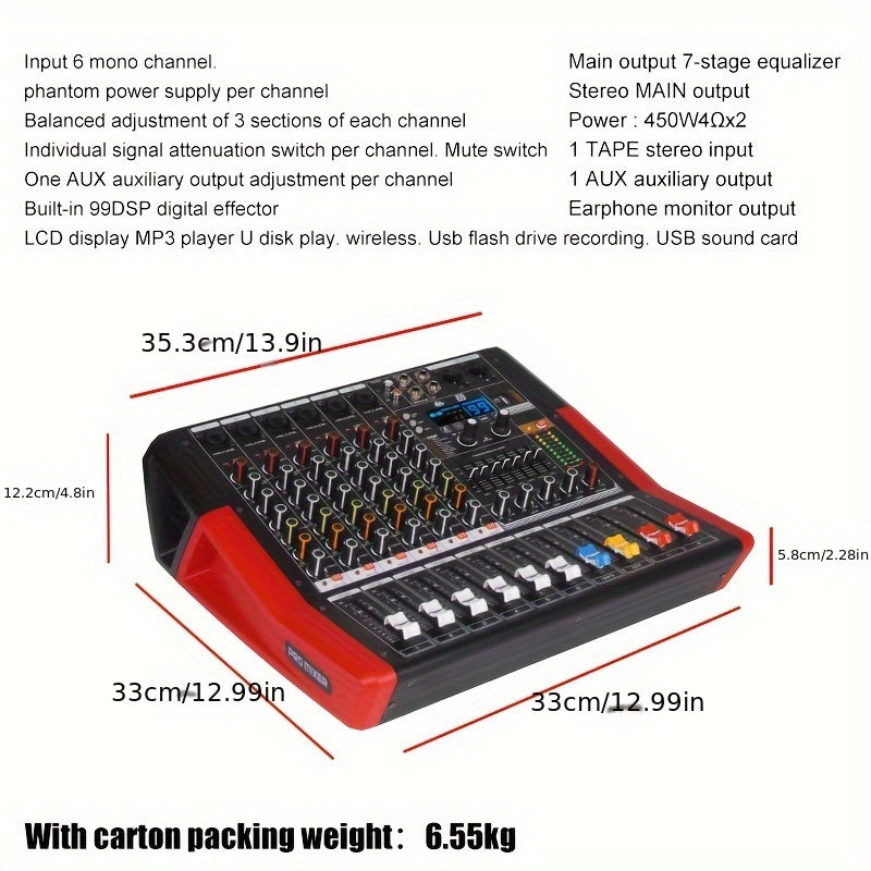 Amplificador Estéreo de Alta Potencia NXG TF-600D 450W con USB/Inalámbrico, Fuente de Alimentación Fantasma de 48V - Ideal para Subwoofers y Altavoces, Rojo con Acentos Negros, Amplificador de Potencia Incorporado