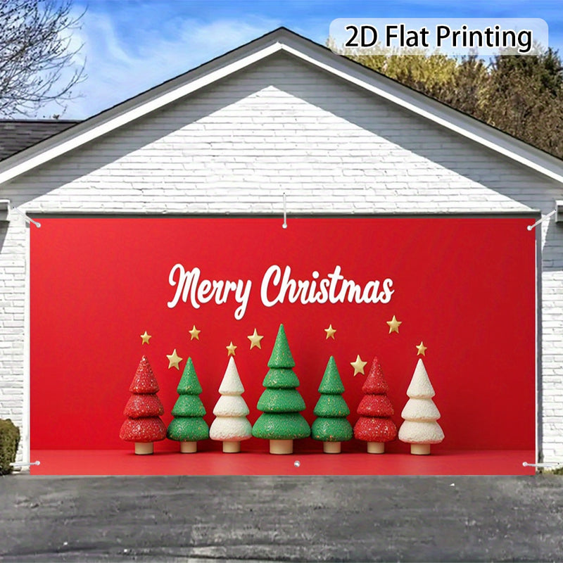 2D Banner de Puerta, 1 pieza, Banner de Puerta de Navidad con texto "Feliz Navidad", Árboles de Navidad Rojos y Blancos, Estrellas y Copos de Nieve - Poliéster, Ideal para Decoraciones Navideñas, Jardín al Aire Libre y Celebraciones de Regreso a la Escue