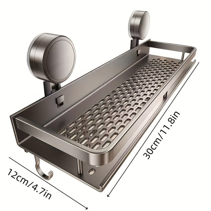 1 estante flotante para baño con ventosas, resistente y sin óxido, con ganchos para toallas, organizador de baño que ahorra espacio para champú, jabón y accesorios, organizadores y almacenamiento de baño, bandeja de baño