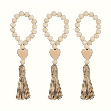 1 pieza de guirnalda de cuentas de madera con borla en forma de corazón - Decoración romántica para el hogar en el Día de San Valentín, estilo moderno, cuentas de madera natural, no requiere batería, ideal para sala de estar o dormitorio.