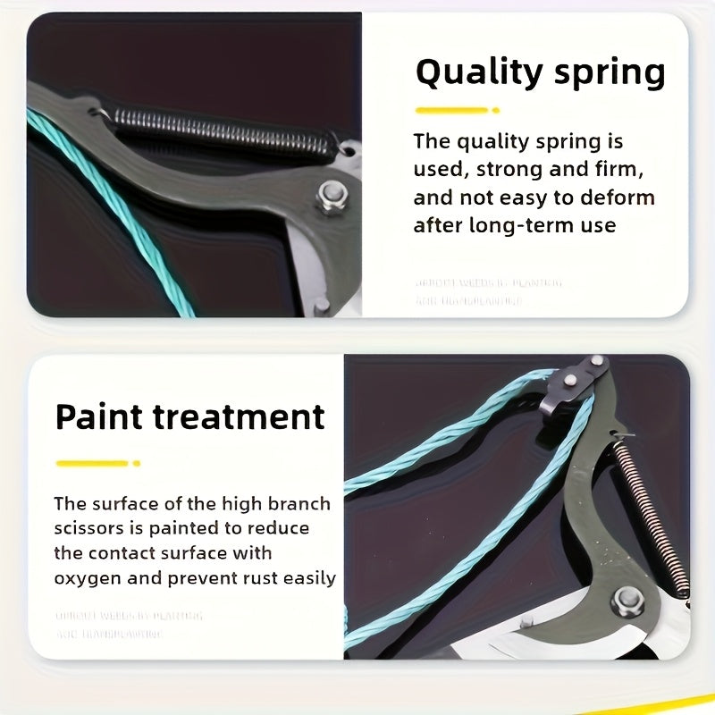 1 pieza de tijeras de poda de aire con mango largo con diseño de cuerda - Cortadora de ramas afilada de acero inoxidable y recolector de frutas para mantenimiento de jardín y patio, mango ergonómico amarillo y negro, herramienta de poda duradera para ext