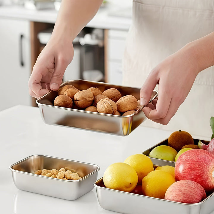 8 piezas de recipientes de almacenamiento de acero inoxidable grandes y medianos con tapa, contenedores cuadrados para alimentos, organizador de refrigerador, cajas de almacenamiento para exteriores, utensilios de cocina