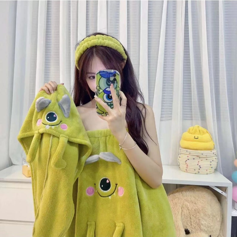 Conjunto de 3 piezas Toalla de Baño Oso Fresa & Oso Winnie & Grandes Ojos, Toalla de Baño con Vendaje + Gorro de Ducha + Lazo para el Cabello Conjunto de Tres Piezas, Bata de Baño Absorbente y Envolturable Lindo de Dibujos Animados, Sombrero Secador de P