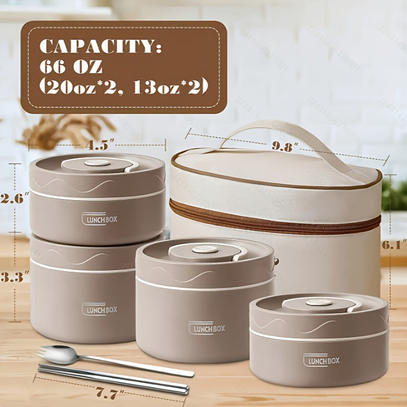 1 Juego de Tupper y Bolsa de Almuerzo - Disponible en Múltiples Colores - 4 Capas de Tupper de Acero Inoxidable + 1 Bolsa Aislada, Tupper Aislado Sellado, Adecuado para Escuela, Oficina, Camping al Aire Libre y Uso en Casa, Seguro para Microondas