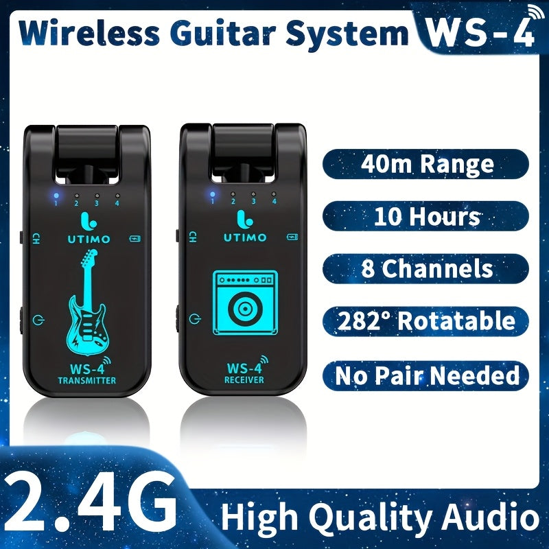 Conjunto de Transmisor y Receptor de Guitarra Recargable Inalámbrico 2.4G para Guitarra Eléctrica, Bajo, Instrumentos de Viento Eléctricos Plug and Play Transmisión en Tiempo Real de 48K/16bit con Conector Rotativo de 282 Grados