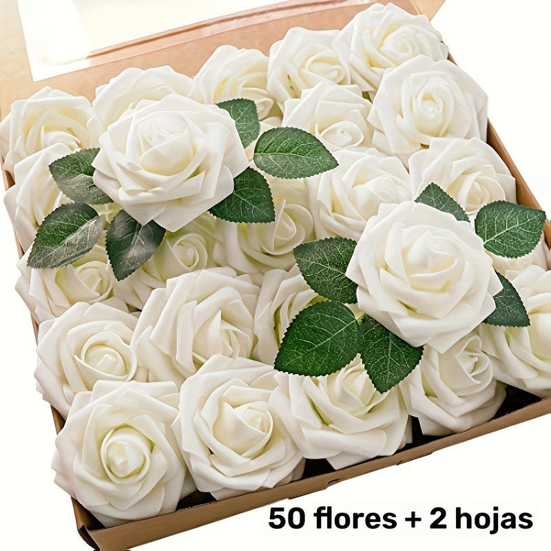 52 piezas de flores artificiales, 50 flores, 2 hojas, rosas falsas de espuma realistas para bodas DIY, ramo de novia blanco, regalo de decoración central, decoraciones de mesa para fiestas.