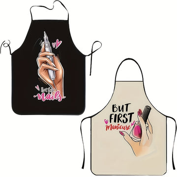 Delantal de diseño de arte de uñas negro vibrante - Correa de cuello ajustable, 100% poliéster de alta resistencia, perfecto para cocinar, jardinería y uso de cocina, elegante y funcional.
