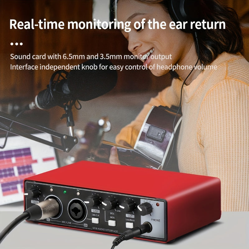 Interfaz de Audio Depusheng con Phantom Power, Grabación Hi-Res 24Bit/192kHz, Plug & Play Sin Ruido, Equipo de Estudio USB para Podcasting, Streaming y Producción Musical - Compatible con PC/Mac (Rojo), Preamps de Alta Calidad, Diseño Profesional