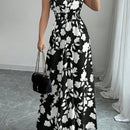 Elegante vestido largo de flores rosas con cuello en V y mangas cortas - Silueta de línea A que fluye, cintura ceñida, perfecto para primavera/otoño, ropa casual a formal, ropa elegante casual | Vestido con estampado floral | Diseño de cintura ceñida
