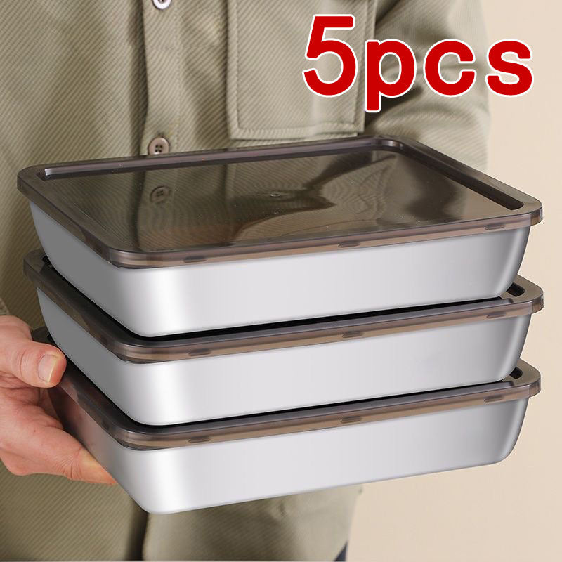 Conjunto de almacenamiento de alimentos de acero inoxidable con 5 piezas - Contenedores cuadrados grandes, reutilizables y versátiles para carne, frutas y verduras - Ideal para acampar, al aire libre y uso doméstico, organizador de cocina apilable