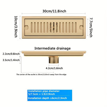 Desagüe Rectangular de Acero Inoxidable, Desagüe de Piso Rectangular Extendido de Acero Inoxidable con Acabado Dorado - Resistente a Olores para Baño
