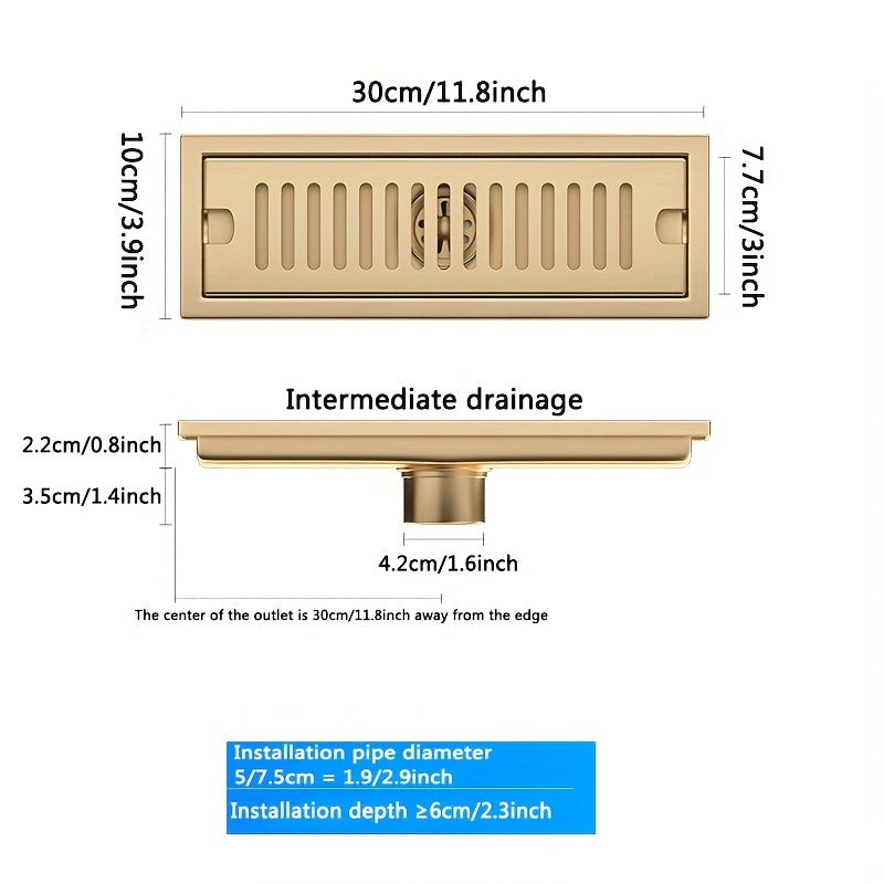 Desagüe Rectangular de Acero Inoxidable, Desagüe de Piso Rectangular Extendido de Acero Inoxidable con Acabado Dorado - Resistente a Olores para Baño
